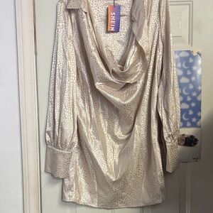 SHEIN Shimmering Cream Cowl Neck Blouse Size L with matching belt